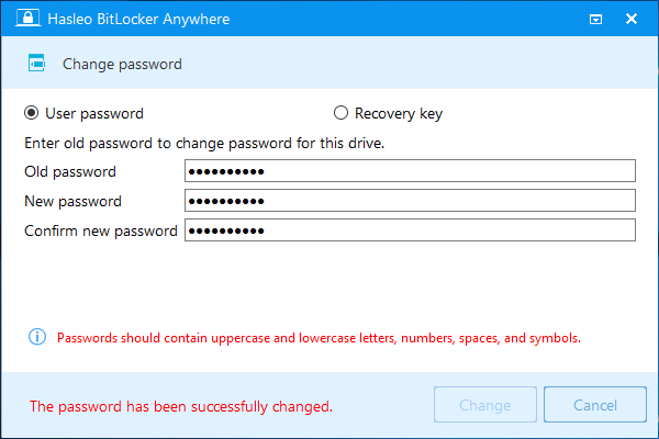 bitlocker password changed successfully