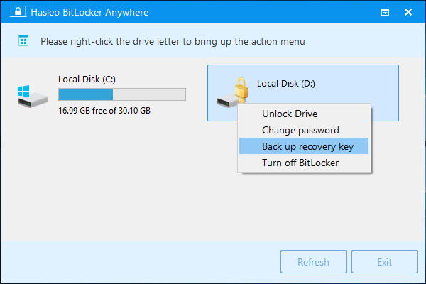 select the drive to export BitLocker recovery key