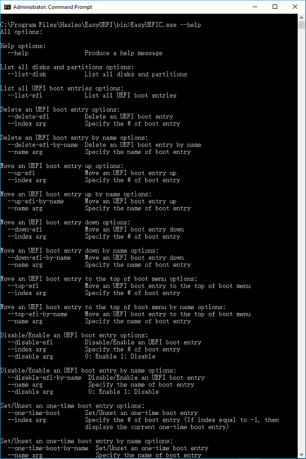 EasyUEFI Command Line Help