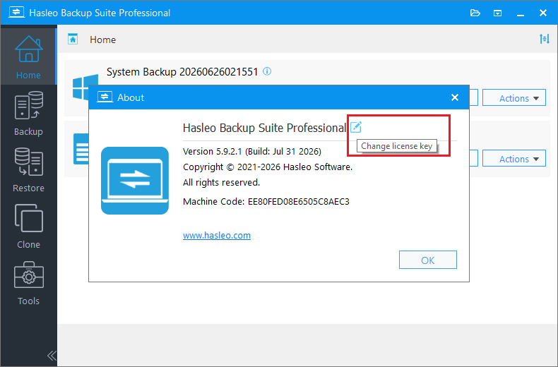 click the edit icon next to the program name to enter a new license key