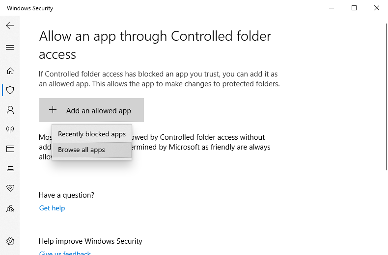 Click Add an allowed app then Browse all apps