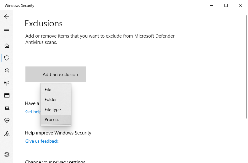 Choose add an exclusion and process