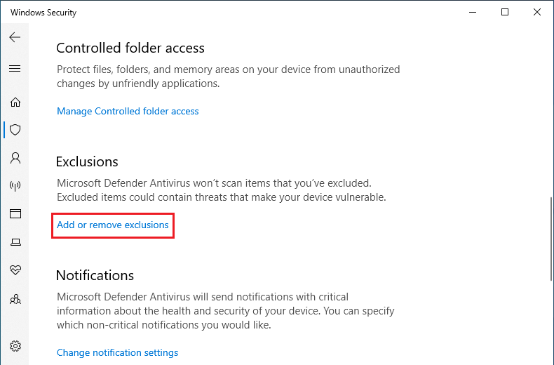 Add or remove the exclusions