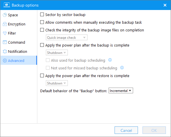 advanced settings in backup options