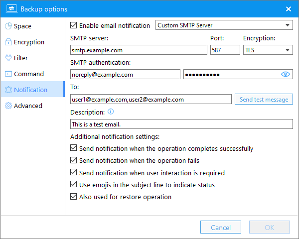 email notification in backup options