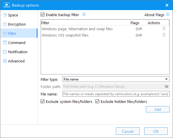 backup filter in backup options