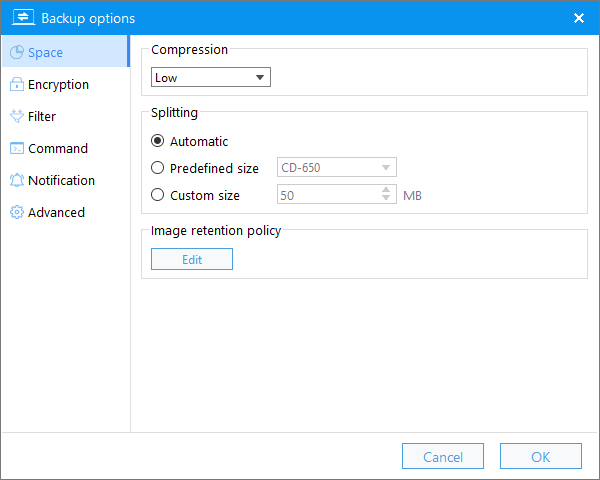 space in backup options