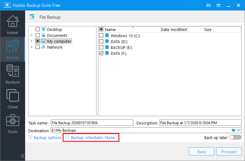 click backup schedule in file backup