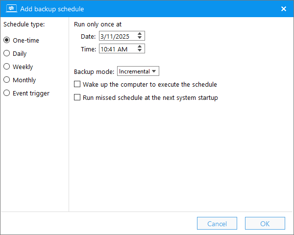 one-time backup schedule