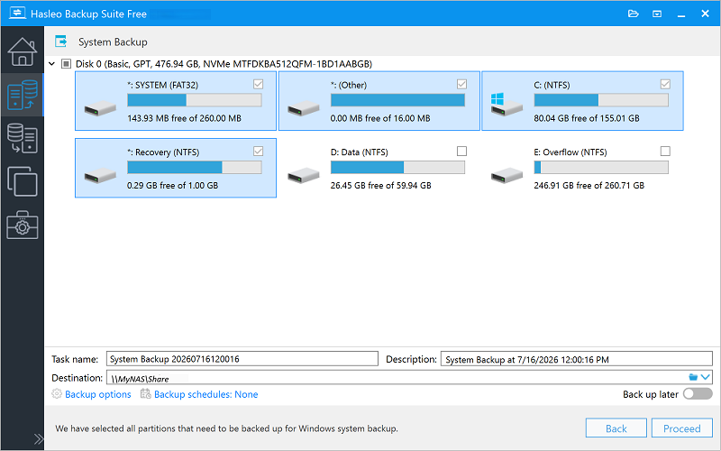 system backup source and destination selection