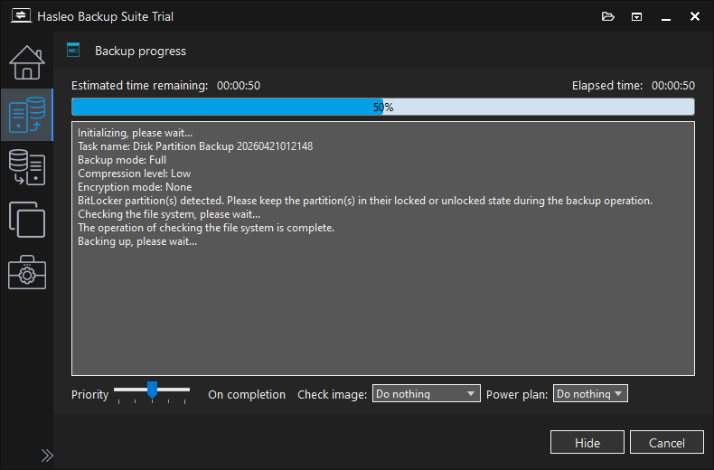Disk/partition backup progress