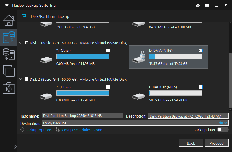 Select the backup source and set the backup parameters for disk/partition