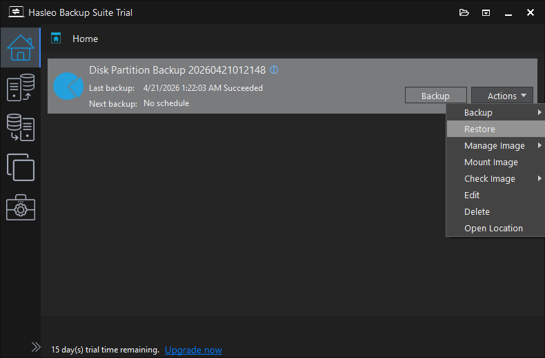 Perform restore from disk/partition backup task