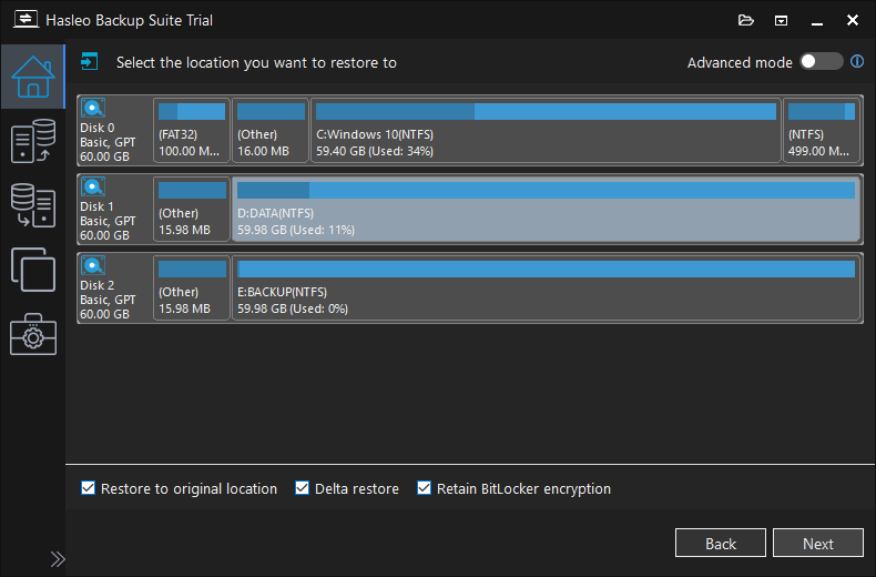 Disk/partition restore select destination location