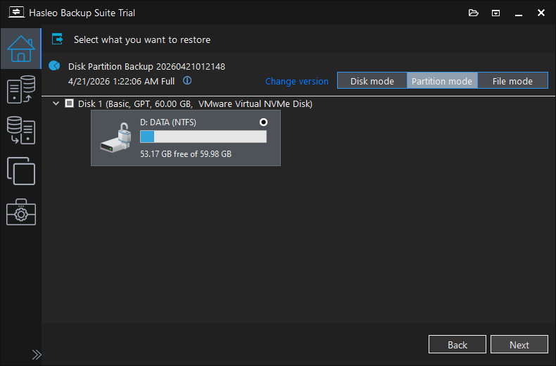 Disk/partition restore select backup version
