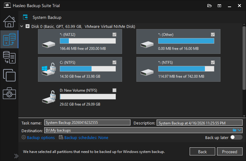 Select the backup source for system backup