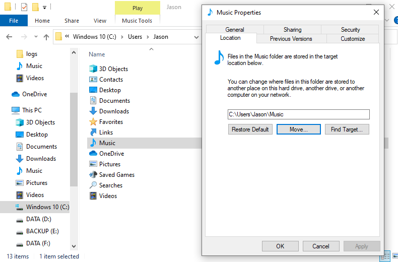 change default storage location