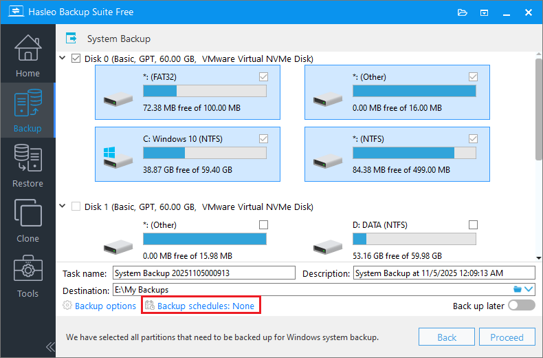 select backup schedules