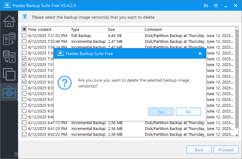 confirm the deletion of the backup version