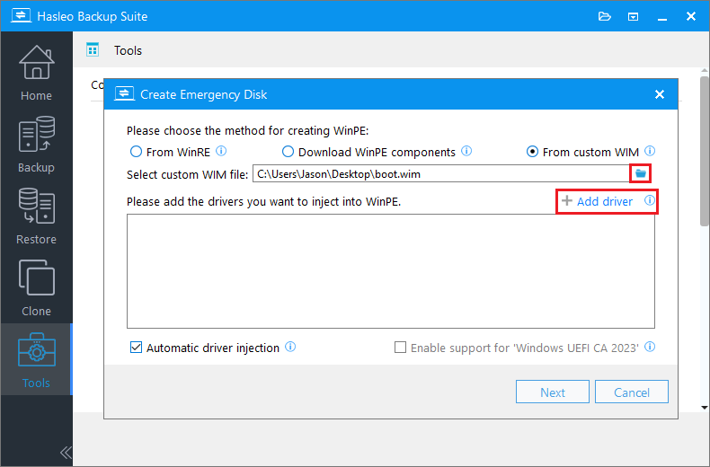 Click from custom wim as the winpe creation method