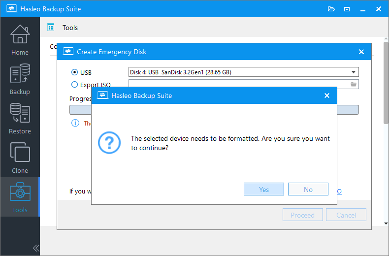 The selected USB drive will be formatted