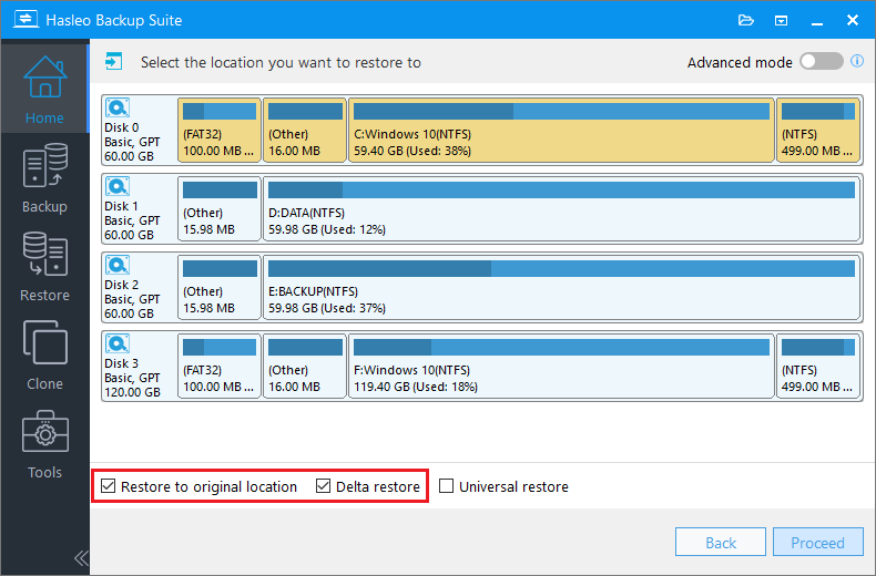 Check Delta Restore option when restoring to original location
