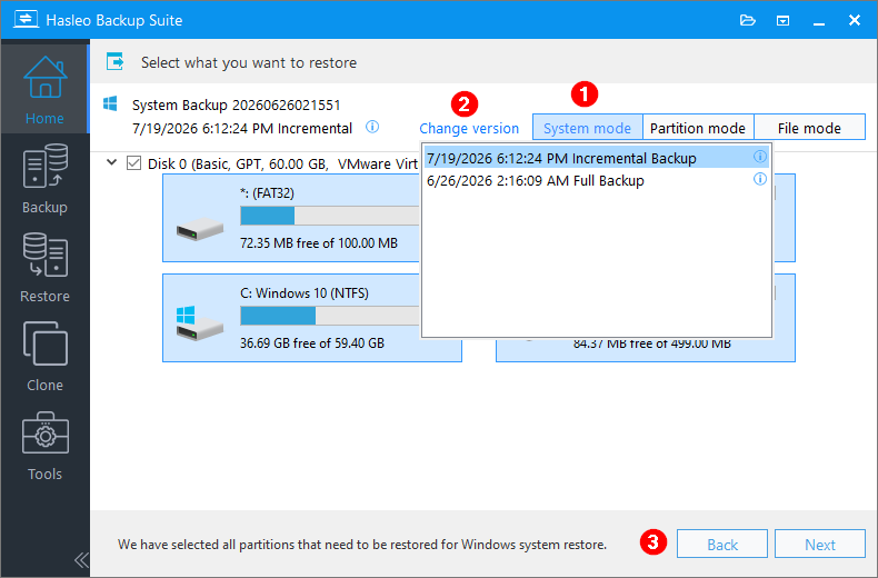 Choose incremental backup version to restore