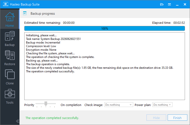 Incremental backup progress