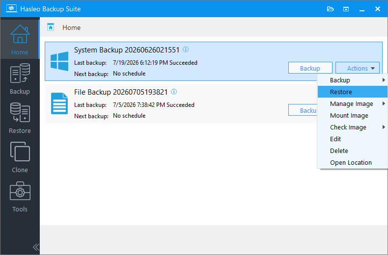 Restore system backup from task actions menu