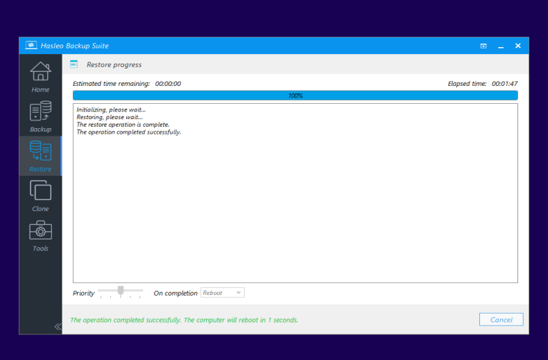 System restore progress in Pre-OS mode