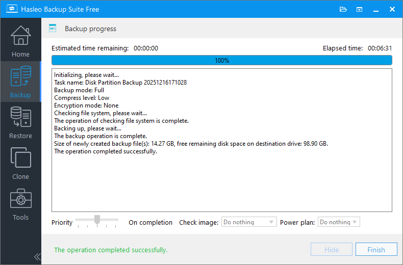 disk backup progress