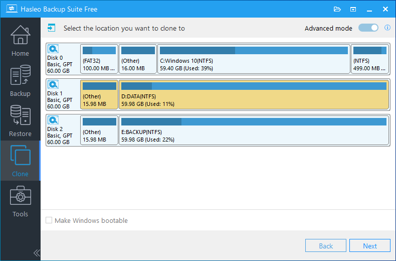 disk clone select contiguous space as destination