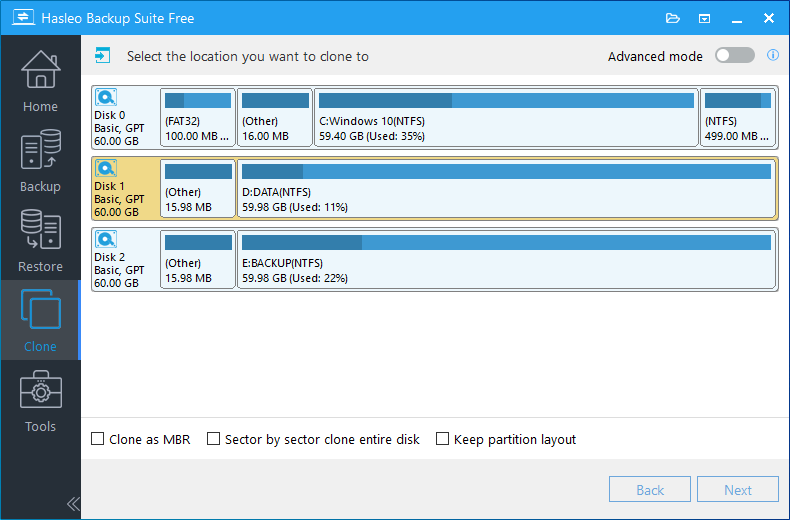 disk clone select destination disk