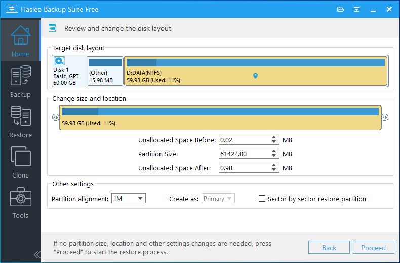 disk/partition restore adjust partitions