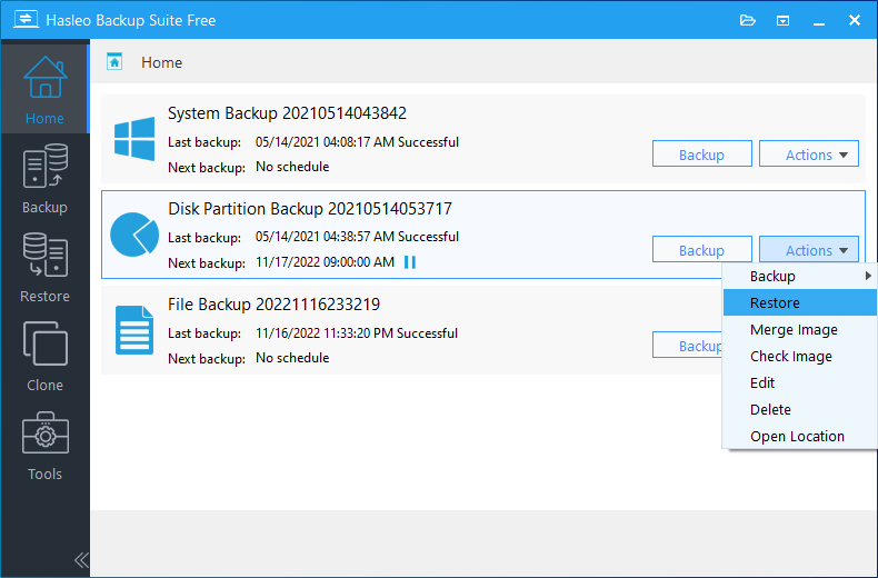 perform restore from disk/partition backup task