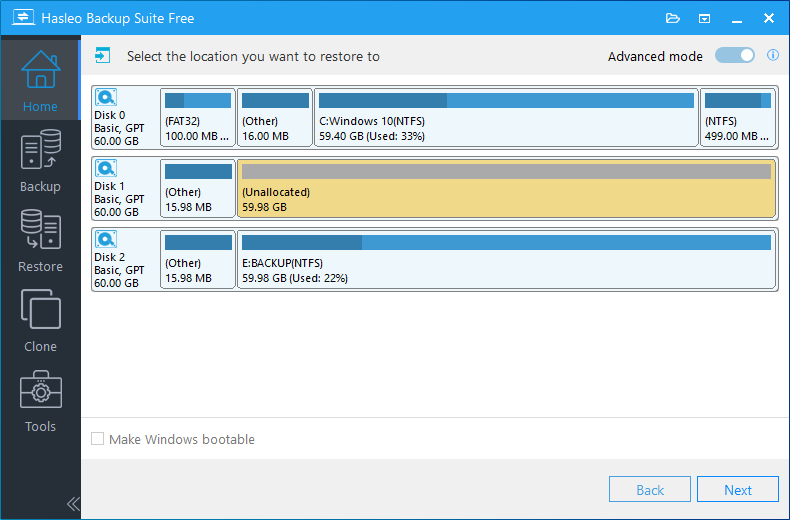 disk/partition restore select contiguous space as destination