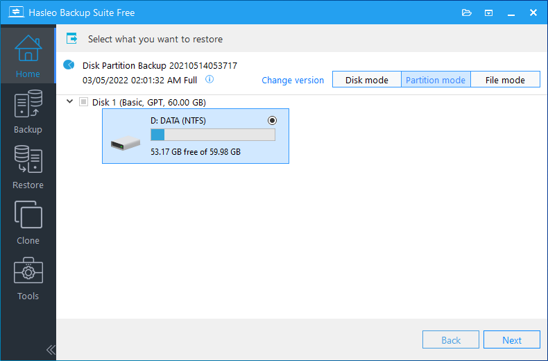 disk/partition restore select backup version