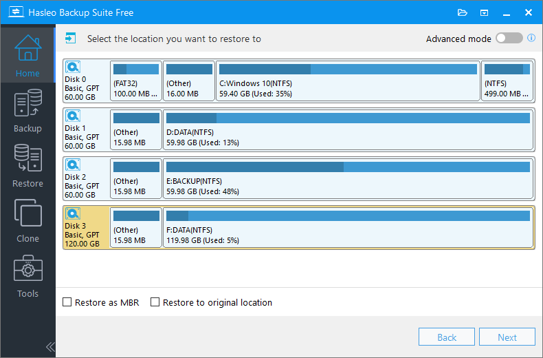 select restore destination