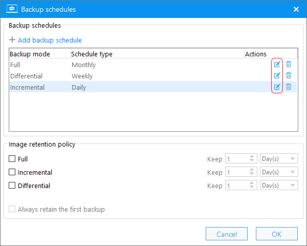 Edit backup schedule