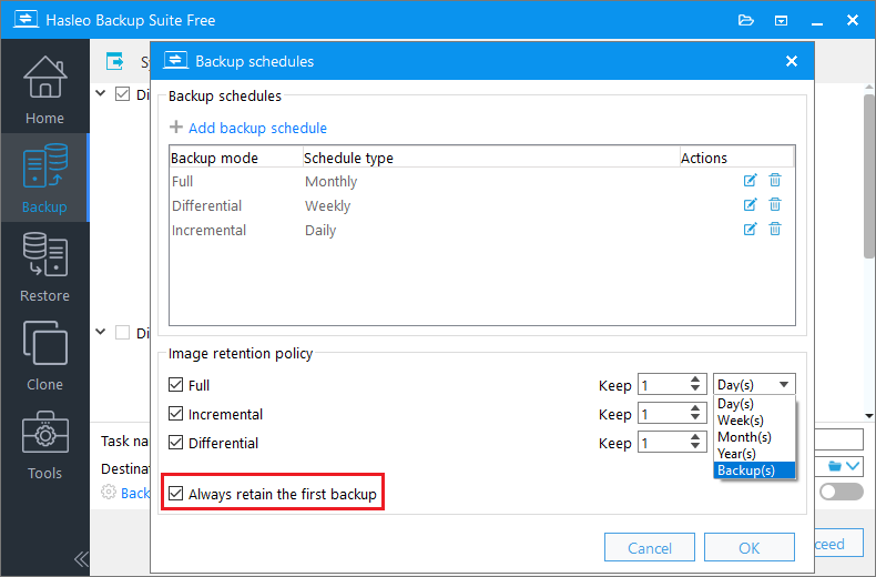 edit image retention policy
