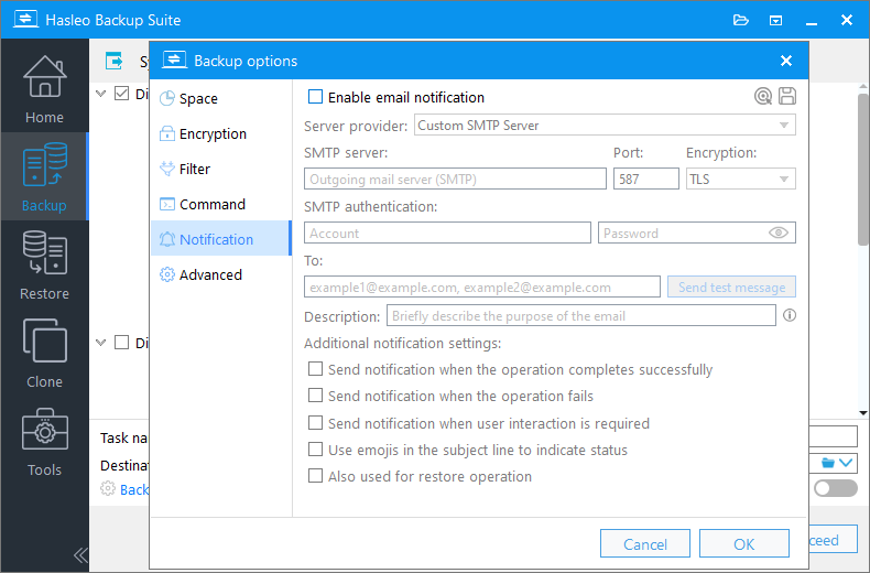 locate and click notification in backup options
