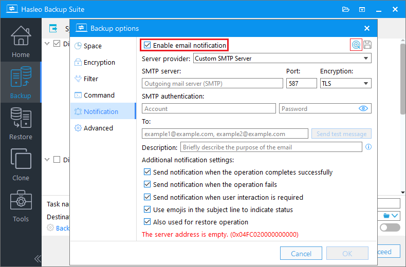 enable email notification and reference a template