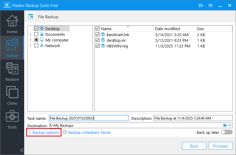 click backup options