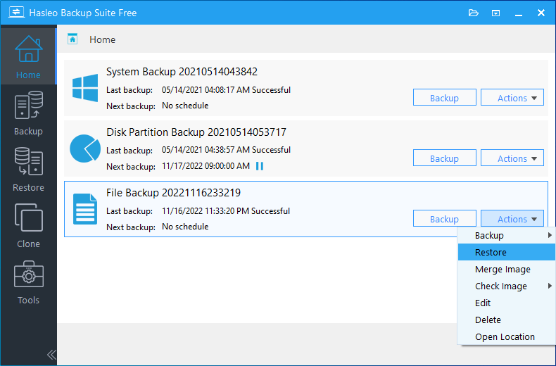 perform restore from file backup task