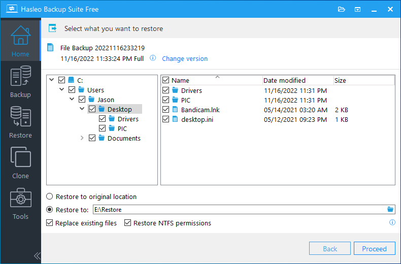 file restore select backup version