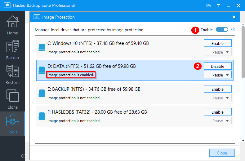 select target drives and enable image protection
