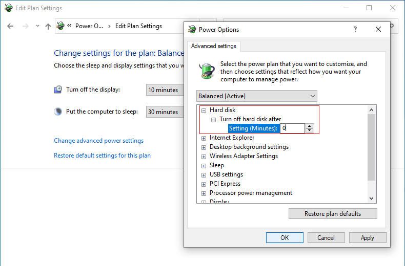 Set Turn off hard disk after to 0