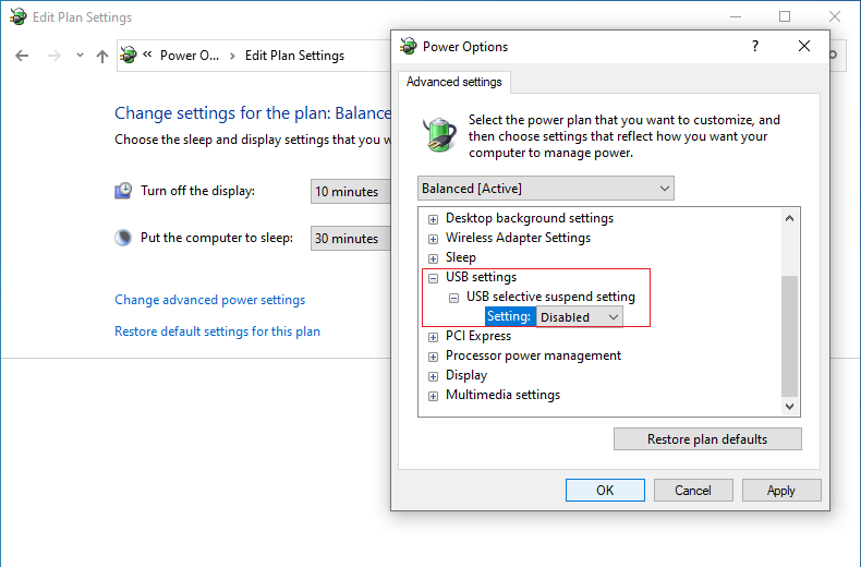 Disable USB selective suspend setting