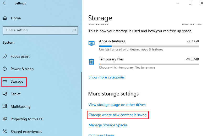 storage in windows settings
