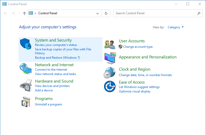 Click System and Security in Control Panel